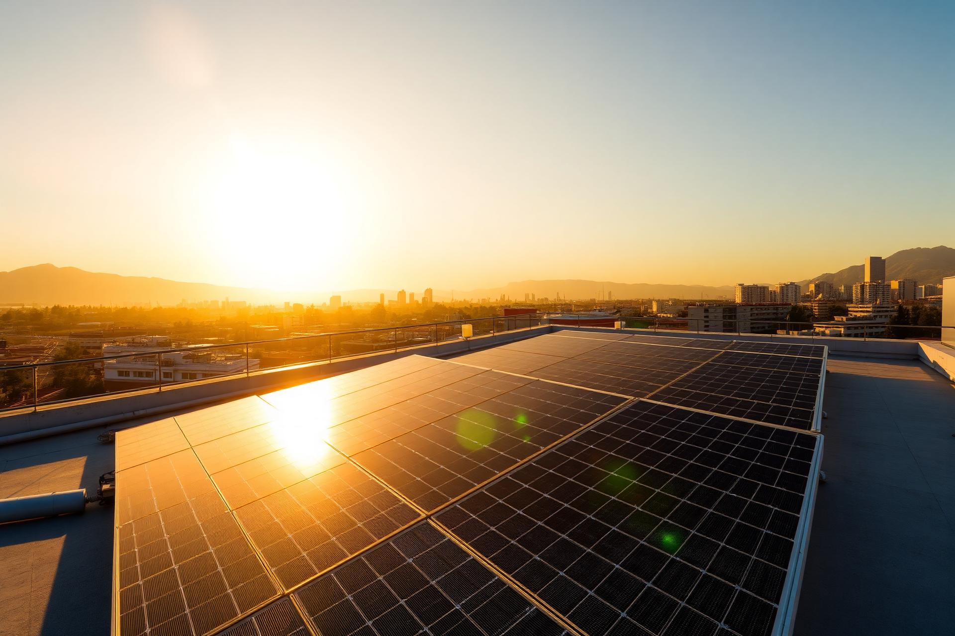 Instalación de paneles solares para autoconsumo en una cubierta de Barcelona al atardecer